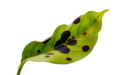 Abstract close-up of a wilting green leaf with dark spots, starkly contrasted against a sterile white background.