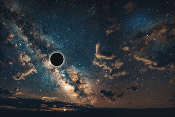 an sun eclipse in a sky full of stars