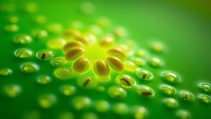 Glowing seeds suspended in vibrant green liquid, embodying natural healing and vitality.