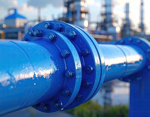 Close-up of a section of blue industrial pipeline with bolted flange connections. Blurred industrial complex background