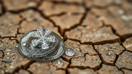 Macro view of a single, delicate snowflake melting on dry, cracked earth, symbolizing climate fragility.