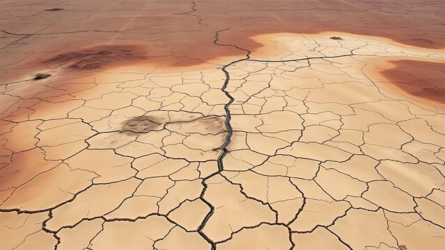 A cracked desert basin with grid lines, representing sudden ecological collapse.