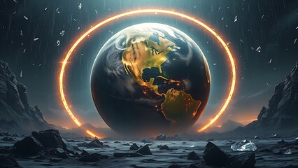 Prehistoric Earth wrapped in luminous rings with diamond shards raining onto cratered terrain.