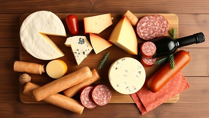 A bottle of wine accompanied by assorted cheeses and sausages arranged on a wooden surface.
