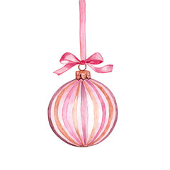 Watercolor pink striped Christmas bauble with ribbon