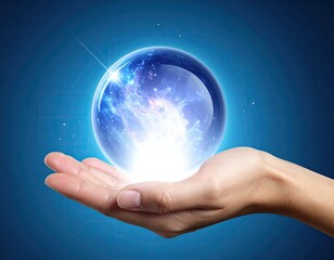 A glowing, crystal ball held in a hand, radiating light
