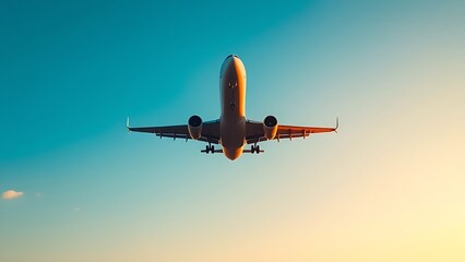 Airplane ascending into clear blue sky during golden hour view.