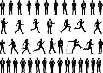 Business people silhouettes, professional poses artwork, walking and running figures, standing 