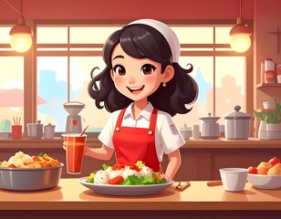 Smiling Cafe Worker Serving Food and Drink.