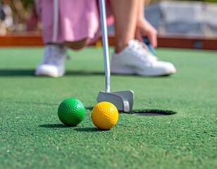 Woman playing miniature golf, aiming with a putter, two golf balls