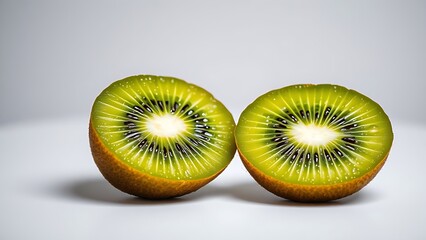 Vibrant green kiwi fruit sliced in half, showcasing fresh flesh with black seeds.