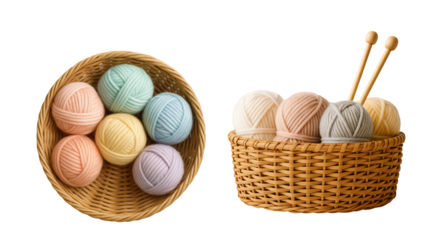 Knitting Wool Balls in Baskets with Needles