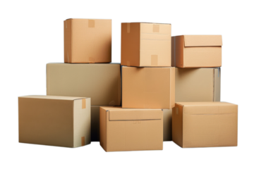 Stack of sealed cardboard boxes, isolated against black. Ready for shipping, relocation, storage or business. Brown containers with packing tape.