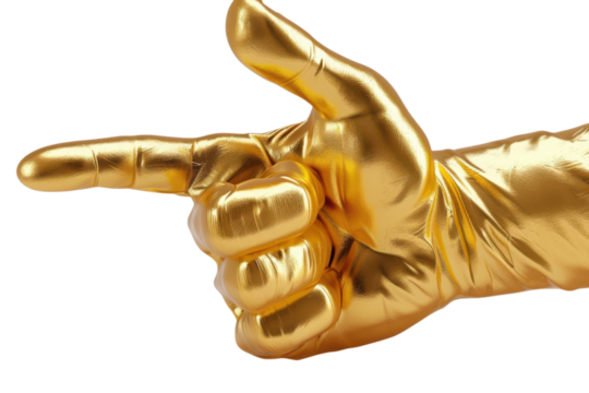 A gold, shiny hand in a pointing gesture against a dark background. A sign of power, luxury, or choice, rendered abstractly and isolated.