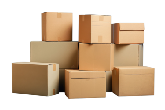 Stack of sealed cardboard boxes, isolated against black. Ready for shipping, relocation, storage or business. Brown containers with packing tape.