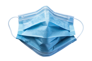 A blue surgical mask floats against a stark black backdrop, symbolizing protection and health in a simple, powerful visual statement.