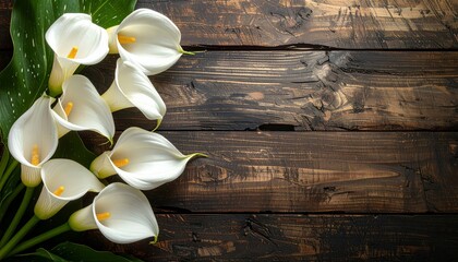 Beautiful calla lily flowers in a floral bouquet bloom against a vintage wooden background, capturing the essence of a spring nature spa