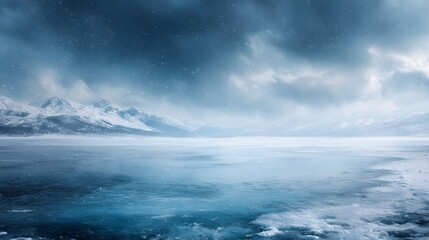 A vast frozen lake stretches towards snow capped mountains under a dramatic winter sky with falling snow