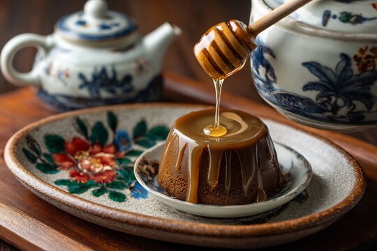 Traditional Chinese herbal jelly Gui Ling Gao honey drizzle ceramic plate