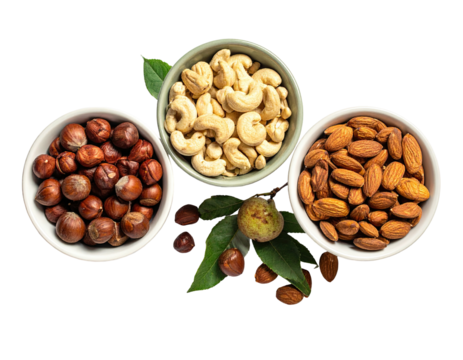 Three small bowls of nuts, cashew, hazelnut, and almond, arranged in a  triangular pattern atop a dark background