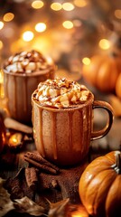 Hot apple cider with caramel drizzle, surrounded by pumpkins and soft lighting. .