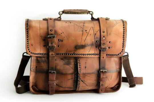 Stylish and rugged distressed leather messenger bag with rivets, buckles, and a unique worn appearance, perfect for carrying essentials