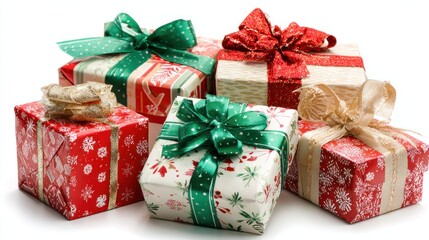 Assortment of festive holiday gifts wrapped with colorful ribbons and bows, ready for celebration.