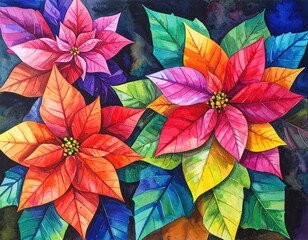Vibrant poinsettia blossoms in a watercolor style, featuring a mix of bold colors