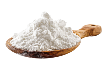 Detailed closeup of a wooden spoon piled high with white baking flour against a stark black background. Minimalist, product shot. 125 chars