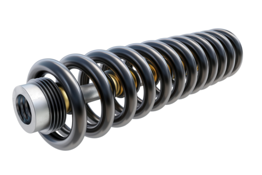 Closeup shot of a metallic spring, detailed and with a black background. Showcasing engineering and design. Silver, gold and black.