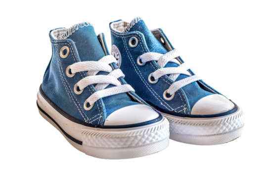 Denim blue hightop sneakers with white laces are displayed on a black background. Closeup details emphasize their trendy design.