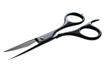 Gleaming stainless steel hairdressing scissors poised against a stark black backdrop, embodying precision and craftsmanship. 200 chars.