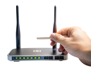Hand, connecting antenna to wireless router graphic, cutout, PNG isolated on transparent background