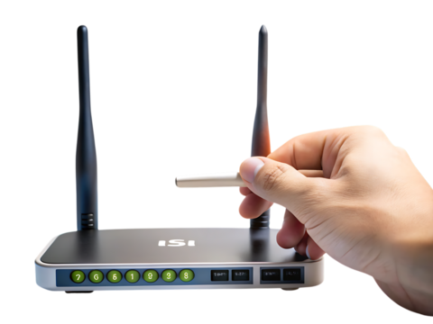 Hand, connecting antenna to wireless router graphic, cutout, PNG isolated on transparent background - Powered by Adobe