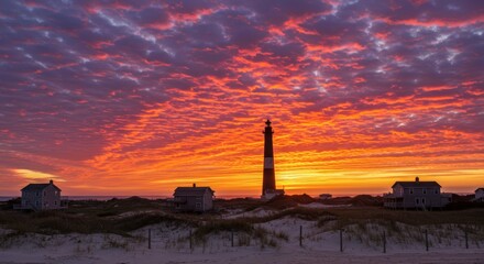 Dramatic sunset over lighthouse and coastal homes
