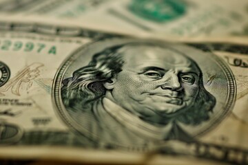 Macro photography of a one hundred dollar bill focusing on the portrait of benjamin franklin, symbolizing american currency and finance