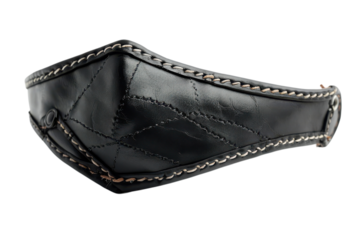 Detailed closeup of handstitched black leather. Unique design, visible craftsmanship, quality material against a dark background.