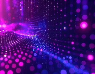 Abstract digital tunnel with glowing dots and lines in vibrant purple and pink
