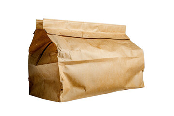 Obraz premium A brown kraft paper bag, neatly folded, sits isolated on black. Emphasizes texture, packaging, and simple design. Suggests lunch, delivery, or storage