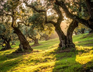 Sun-drenched olive groves, ancient trees, rolling hills