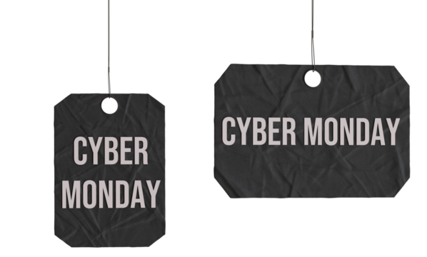 Cyber Monday Sale Tags in Black With White Text Hanging Against a Clean Background