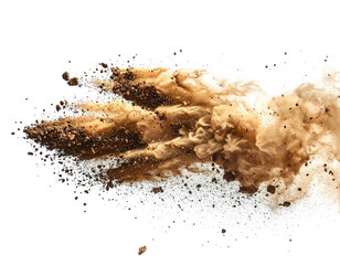 Abstract explosion of brown and beige liquid, swirling and dissipating into a black background with white specks