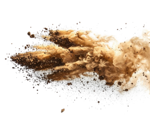 Abstract explosion of brown and beige liquid, swirling and dissipating into a black background with white specks