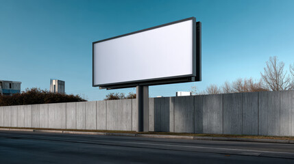 Obraz premium Large blank billboard on roadside with clear blue sky and concrete wall background, creating calm and open urban scene