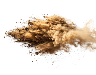 A powerful explosion of tan and light brown dirt, resembling a sandstorm or dust cloud, against a black background.  A dynamic, abstract display of particles in motion