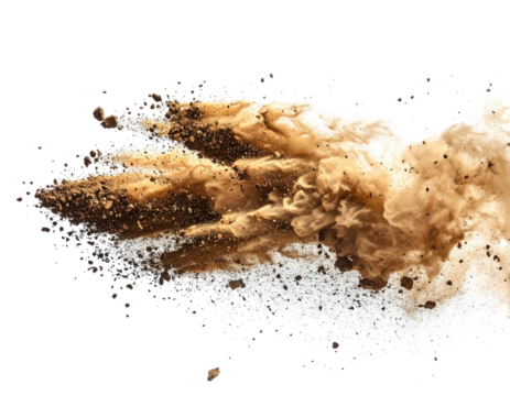 Abstract explosion of brown and beige liquid, swirling and dissipating into a black background with white specks