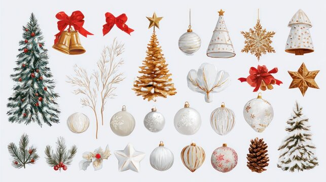Elegant Christmas decorations and ornaments in a festive winter palette