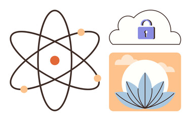 Atomic structure with orbiting electrons, locked cloud icon, and lotus flower symbolizing balance. Ideal for science, technology, mindfulness, data safety, learning, innovation wellness simple flat