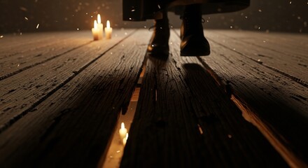 Lowangle view of boots on wooden planks illuminated by candlelight Dark gritty ambiance