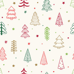 Christmas tree background design. Seamless pattern with cartoon ornaments. Vector illustration